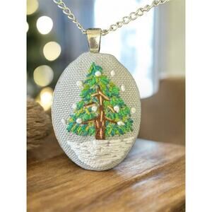 Embroidered Cameo Necklace Winter Pine Tree - Handmade Pendant